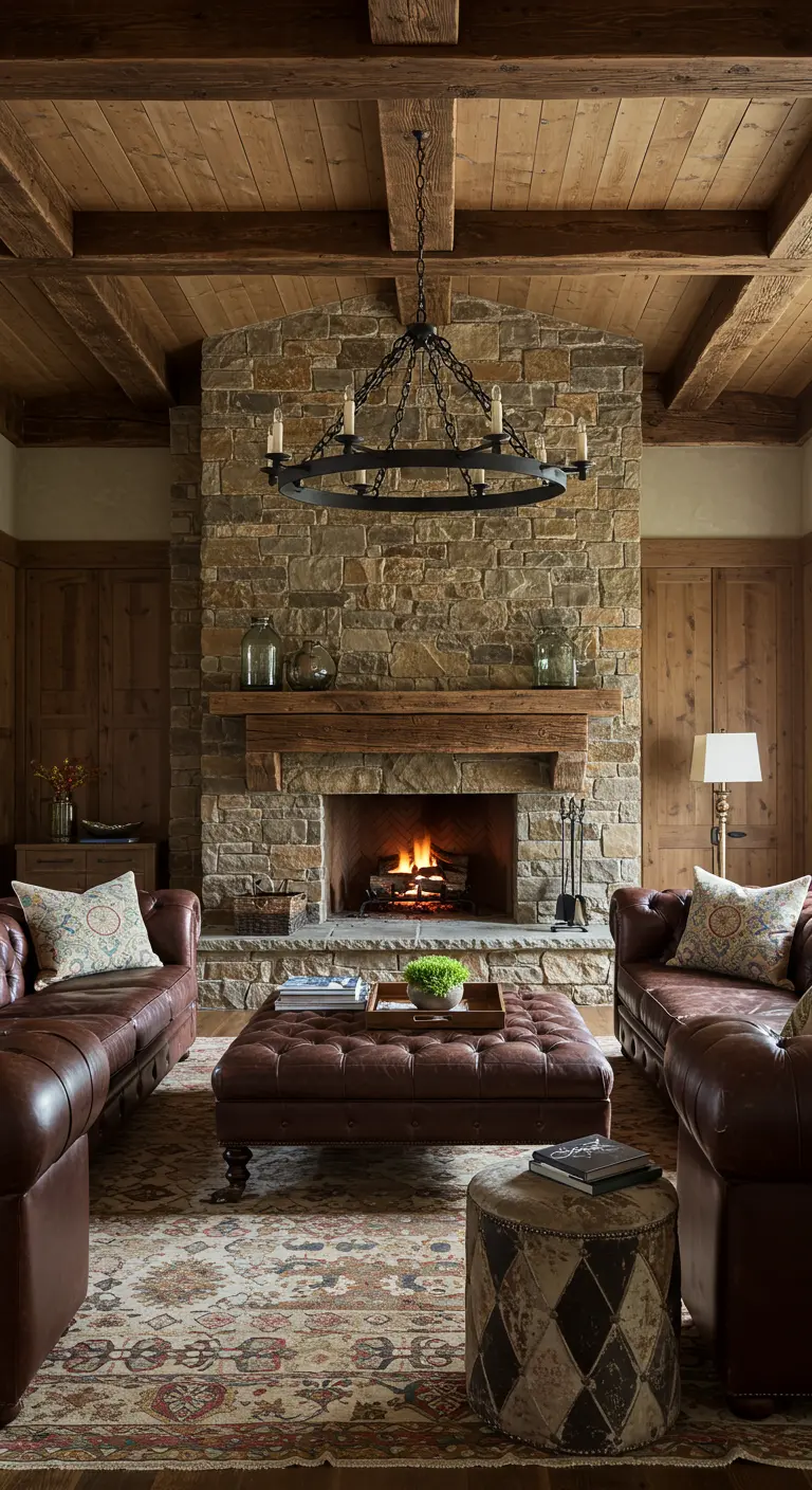 Symmetrical living room with two leather sofas facing a central fireplace and large tufted ottoman.
