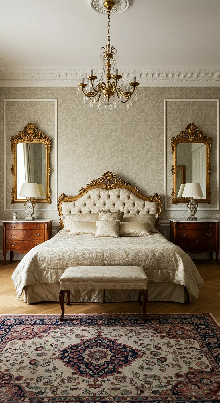 Symmetrical bedroom with twin gold mirrors flanking a tufted headboard.