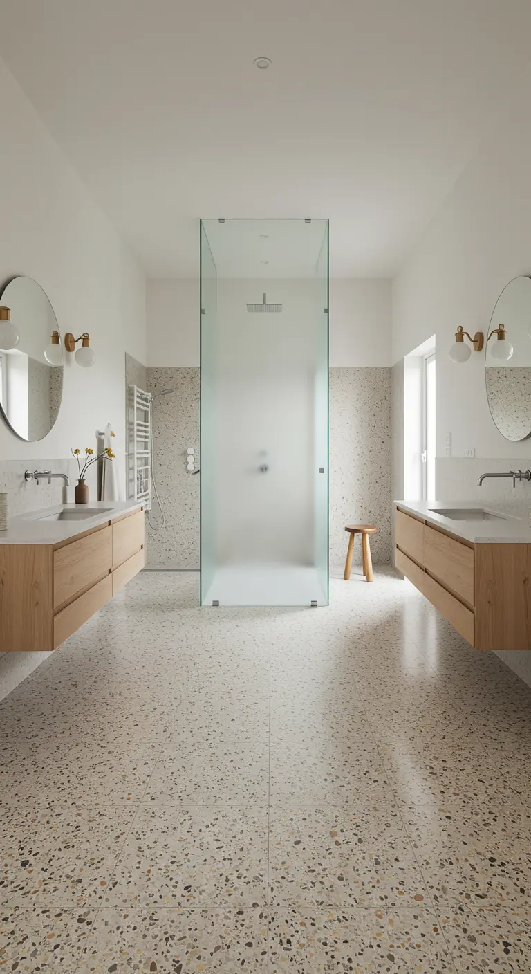Symmetrical bathroom with a central shower and dual wood vanities.