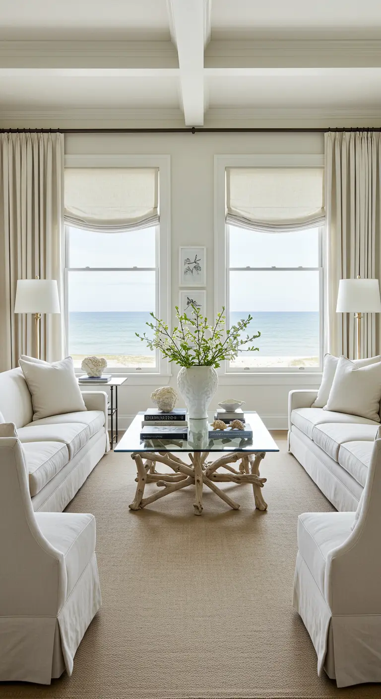 Symmetrical living room with two facing white sofas and a view of the ocean.