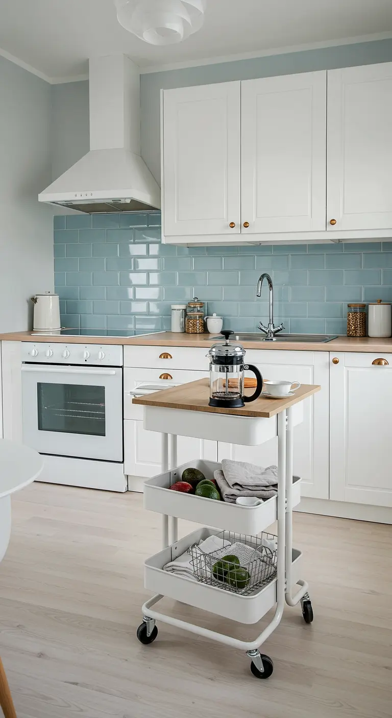 A white kitchen with light blue subway tiles and a white wheeled utility cart.