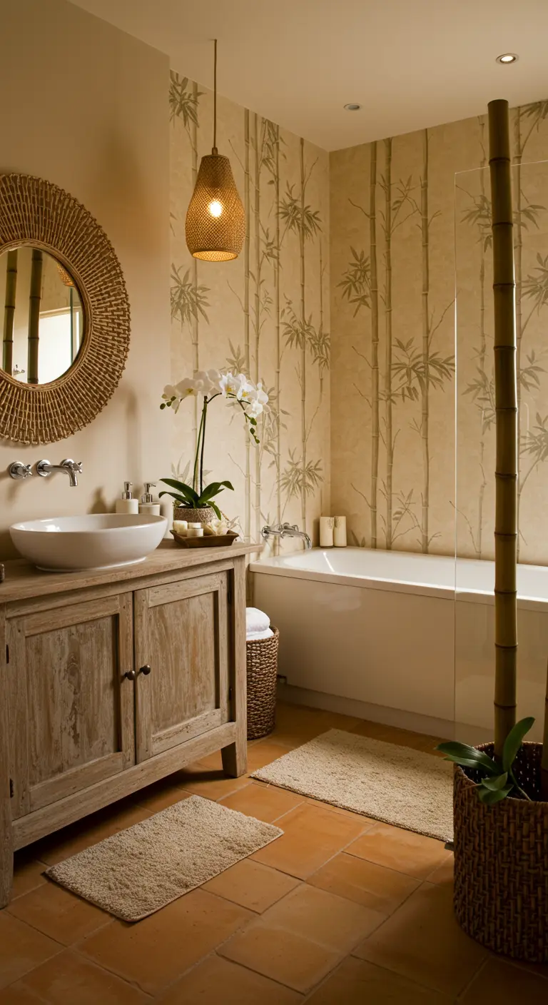 Serene bathroom with beige bamboo wallpaper, a weathered wood vanity, and a round rattan mirror.