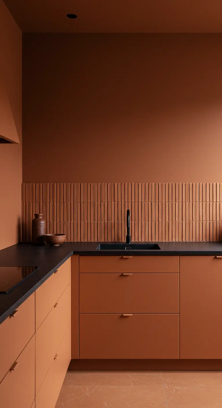 Monochromatic terra cotta kitchen with vertically stacked tile and black countertops.