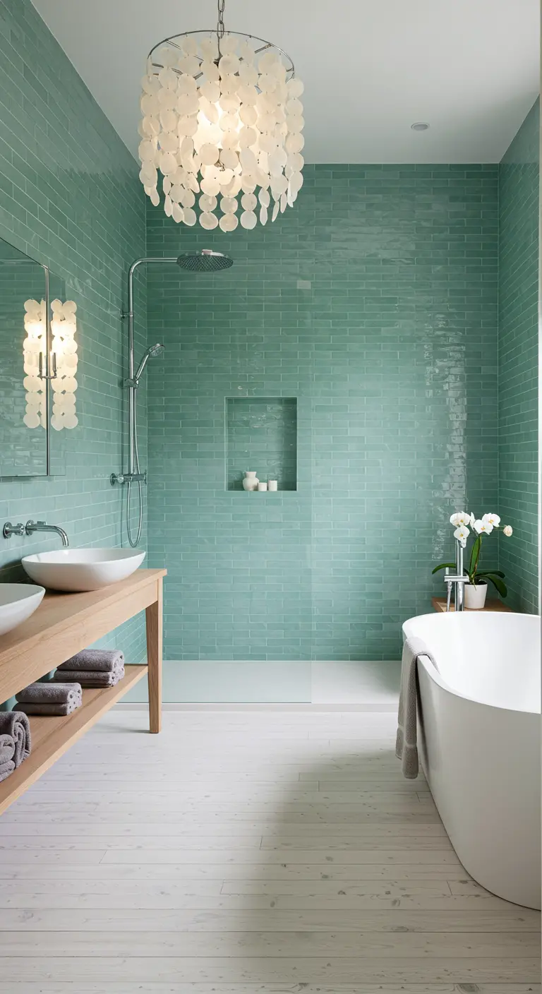 Bathroom with soft aqua subway tile on all walls and a floating wood vanity.