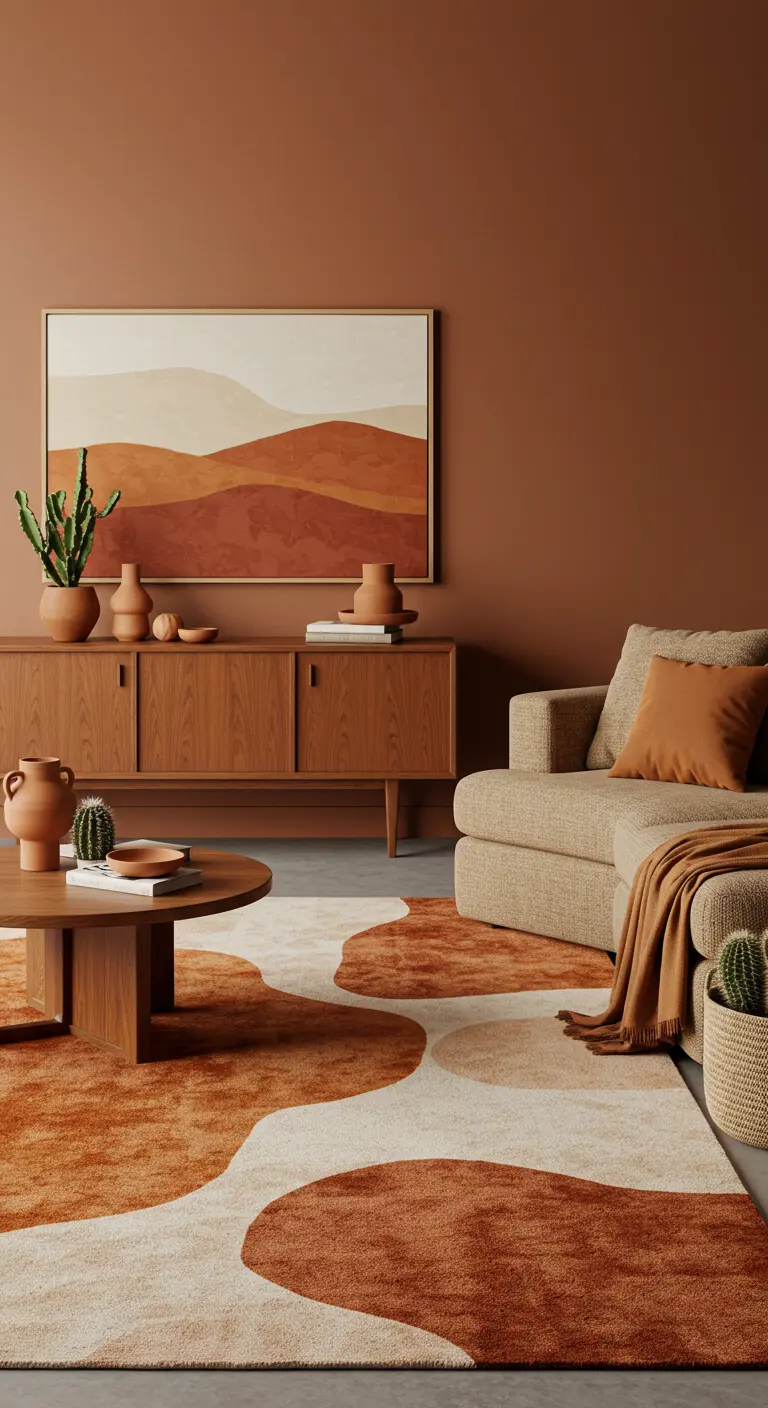 A terracotta-toned room with a teak credenza and a rug with abstract rust and cream shapes.