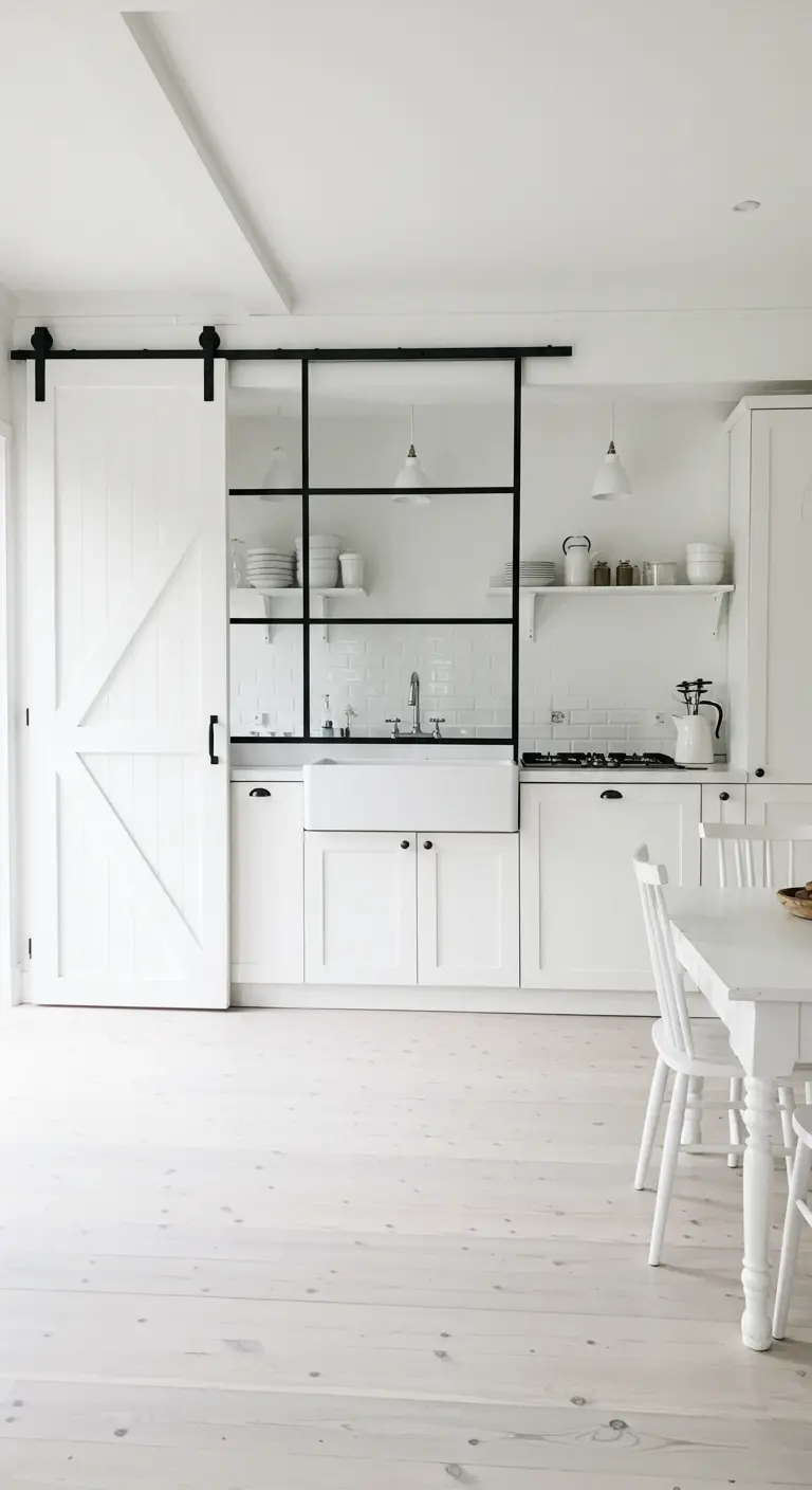 All-white kitchen with a white barn door, white cabinets, and a black steel-framed glass wall.