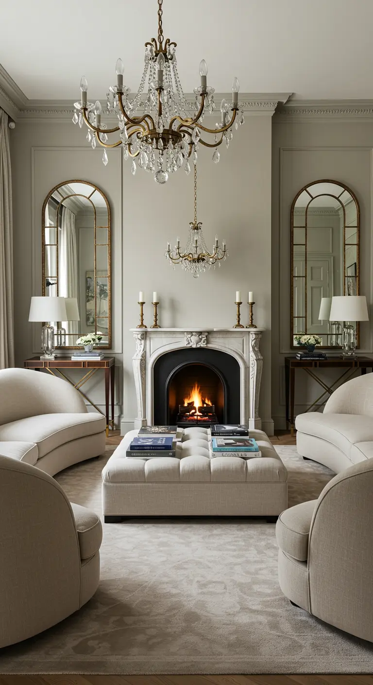 A formal living room with a fireplace, symmetrical curved sofas, and twin mirrors.