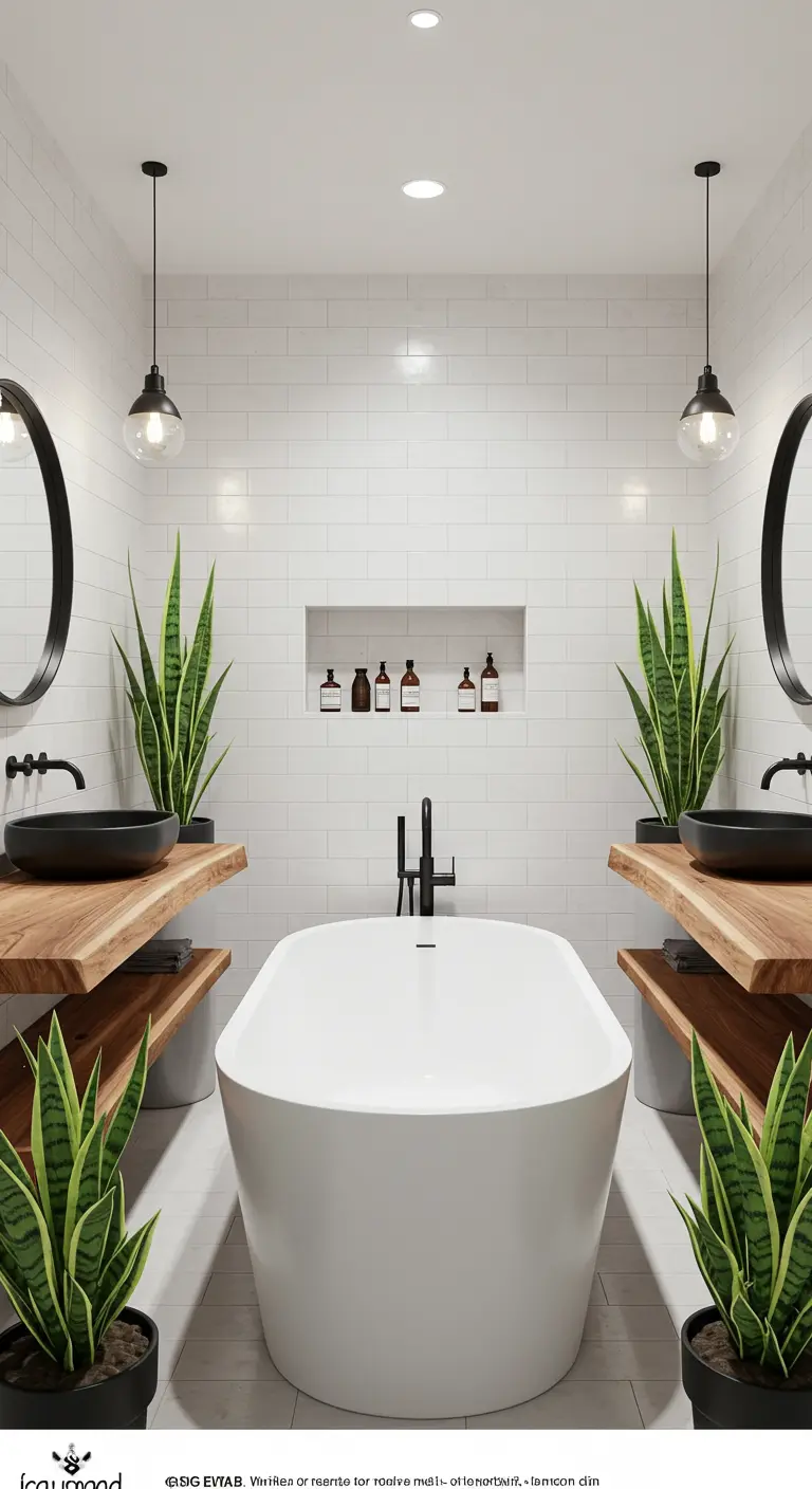 Symmetrical bathroom with a tub centered between two identical vanities with snake plants.