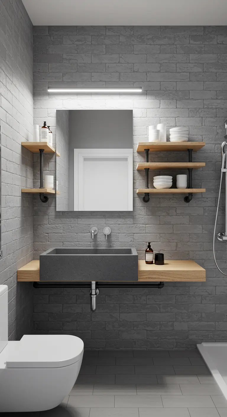 A minimalist bathroom with grey brick walls, a floating wood vanity, and a long linear light.
