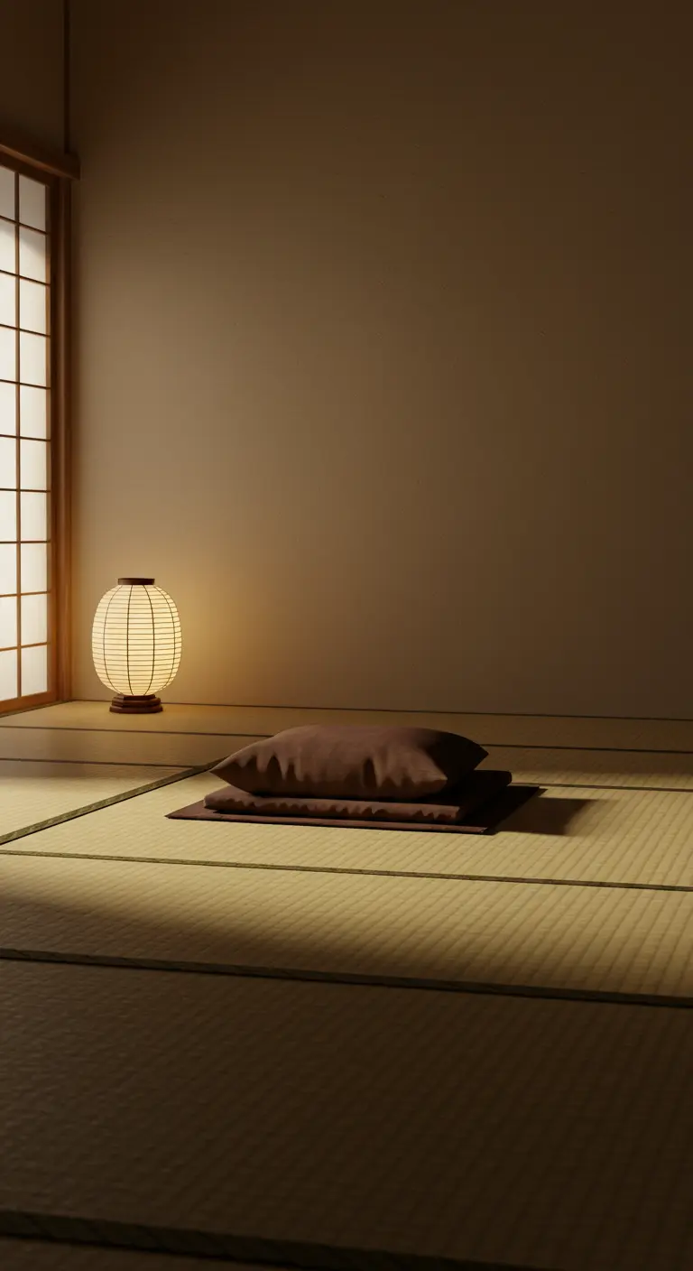 A Japanese-style room with tatami mats, floor cushions, and a glowing paper lantern on the floor.