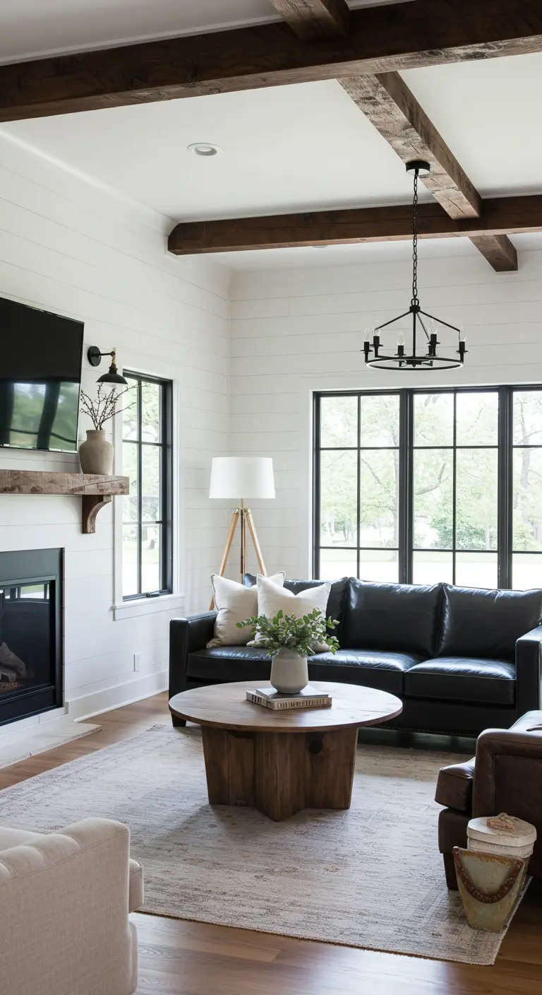 Modern farmhouse living room with dark beams, black leather sofa, and large black-framed windows.