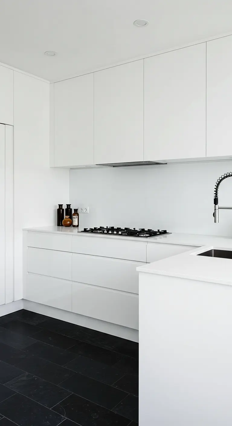 A minimalist all-white kitchen with handleless cabinets and a dark slate tile floor.