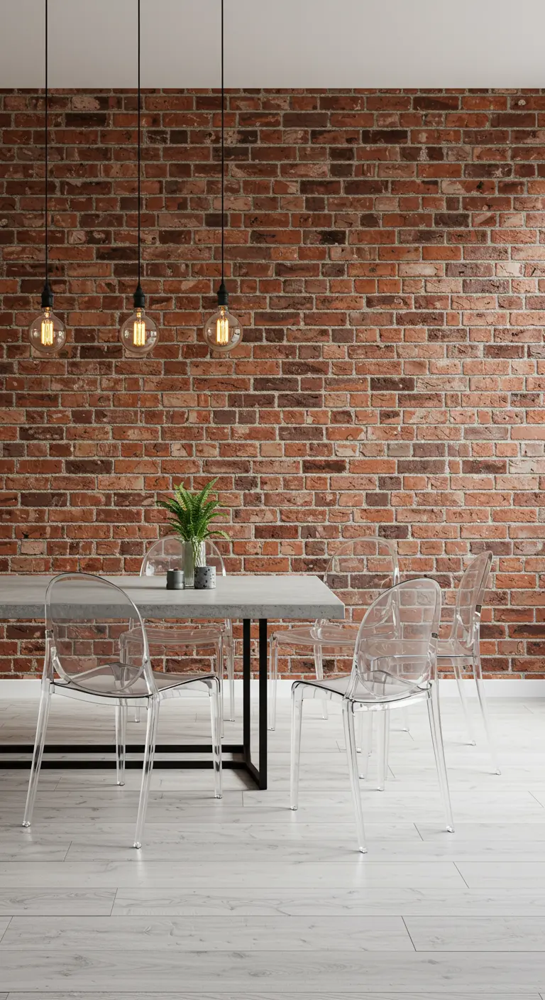 Dining set with transparent acrylic chairs and a concrete table against a brick wall.