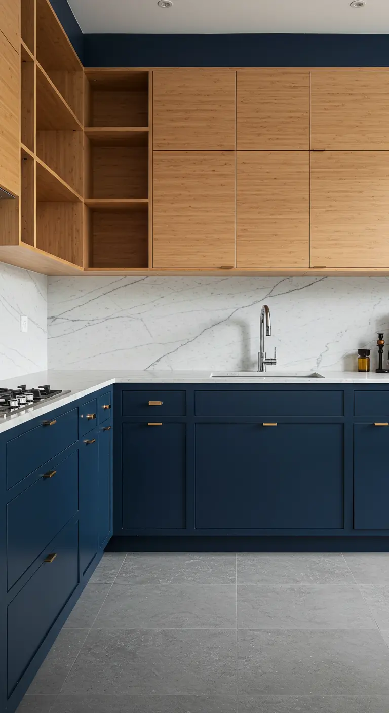 Japandi kitchen with navy blue lower cabinets and natural bamboo upper cabinets.