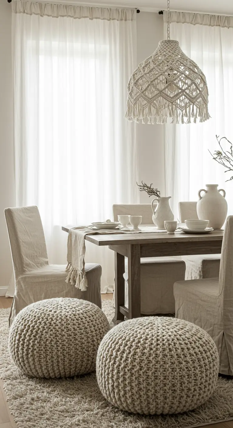Neutral dining room with linen chairs, chunky knit poufs, and a cream macrame pendant light.
