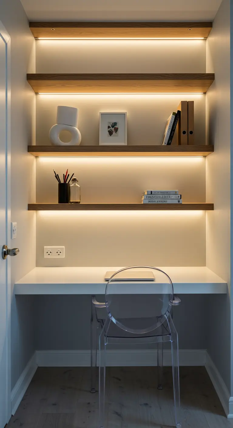 A built-in desk nook with floating wooden shelves, each underlit with a warm LED strip.