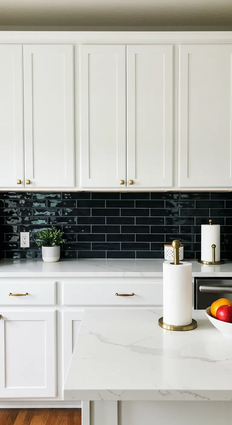 Kitchen with white cabinets, a glossy black subway tile backsplash, and brass hardware.
