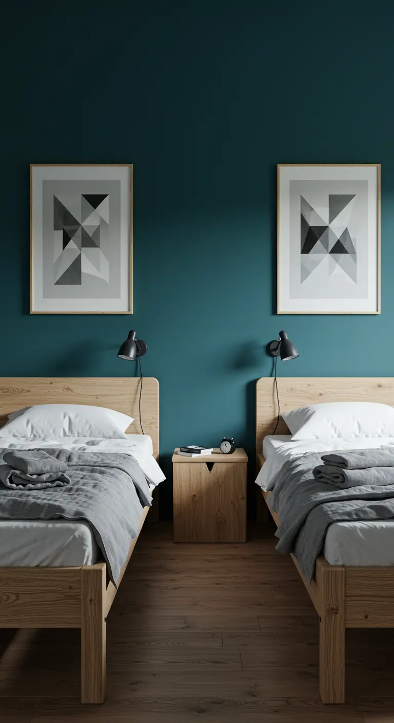 Bedroom with a deep teal accent wall behind two identical light wood twin beds.
