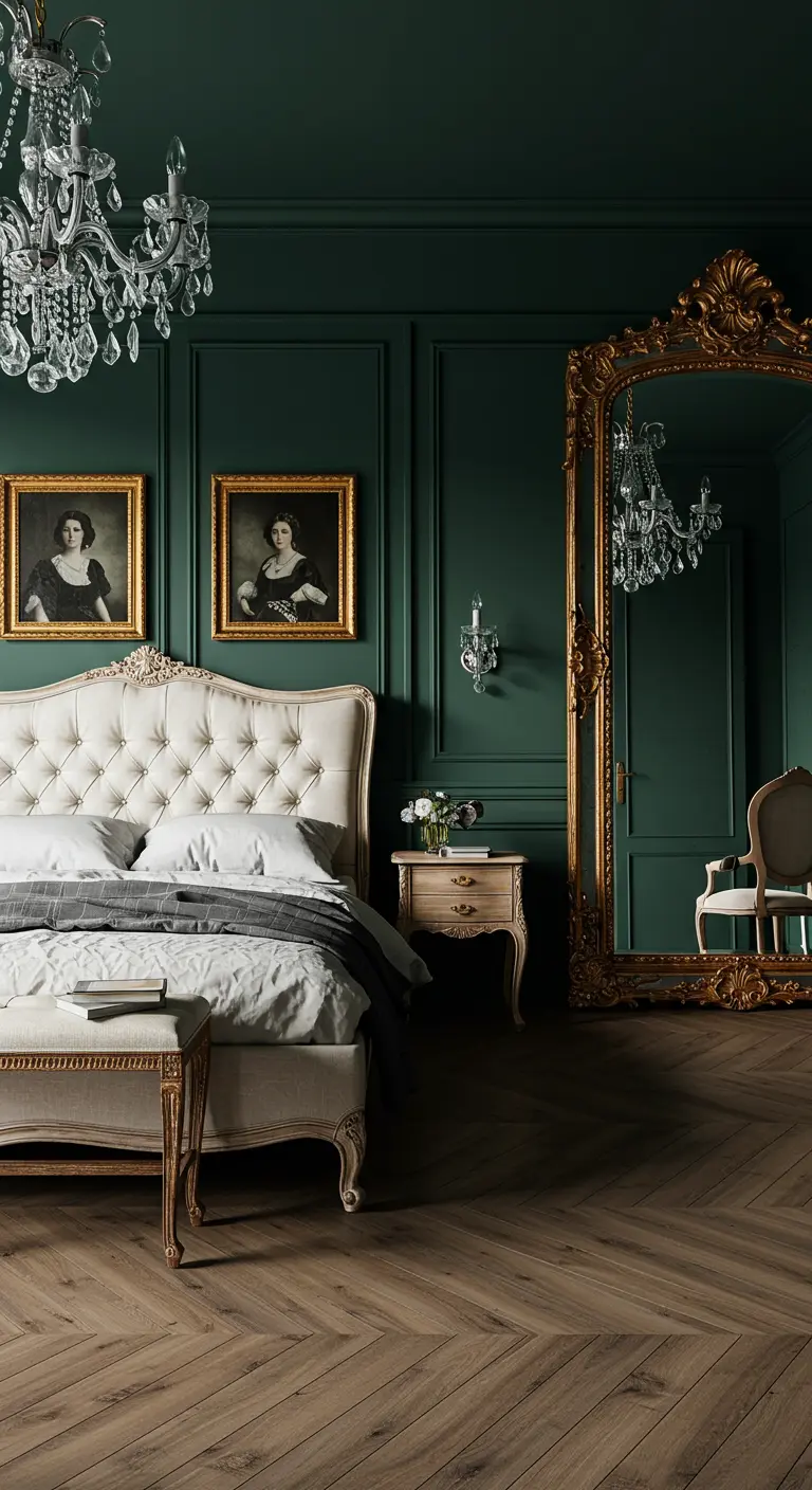 Dark green bedroom with a tufted bed, crystal chandelier, and large gold floor mirror.