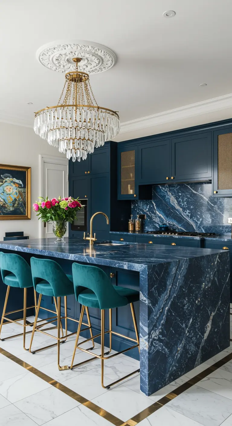 A luxurious kitchen with navy blue cabinets, a blue marble island, and teal velvet stools.