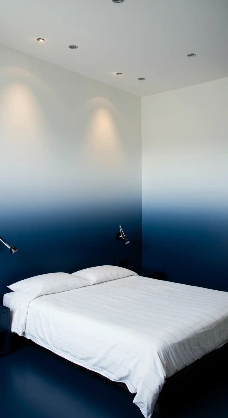 Minimalist bedroom with walls painted in a white-to-dark-blue ombré gradient.