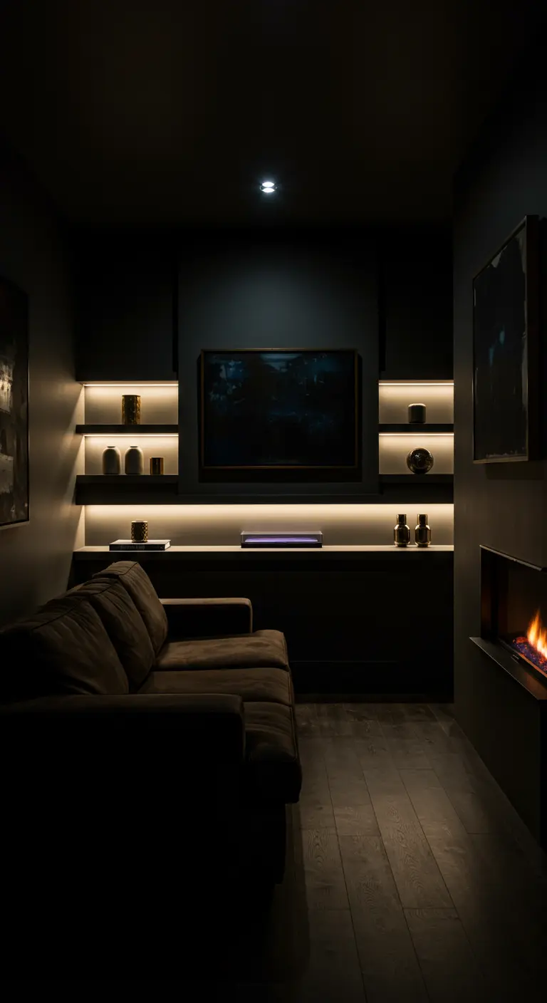 Recessed, backlit shelves on either side of a dark television in a moody media room.