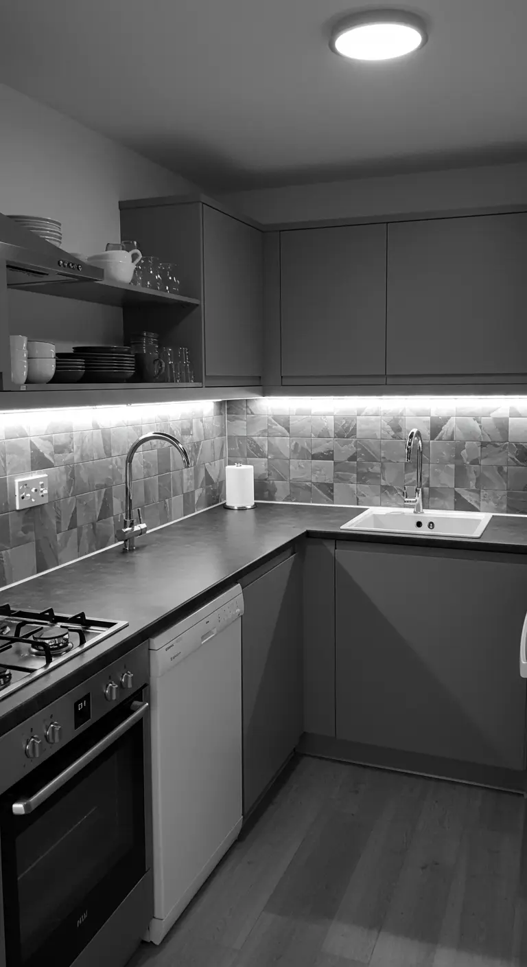 A monochrome grey kitchen with a textured geometric tile backsplash and integrated lighting.