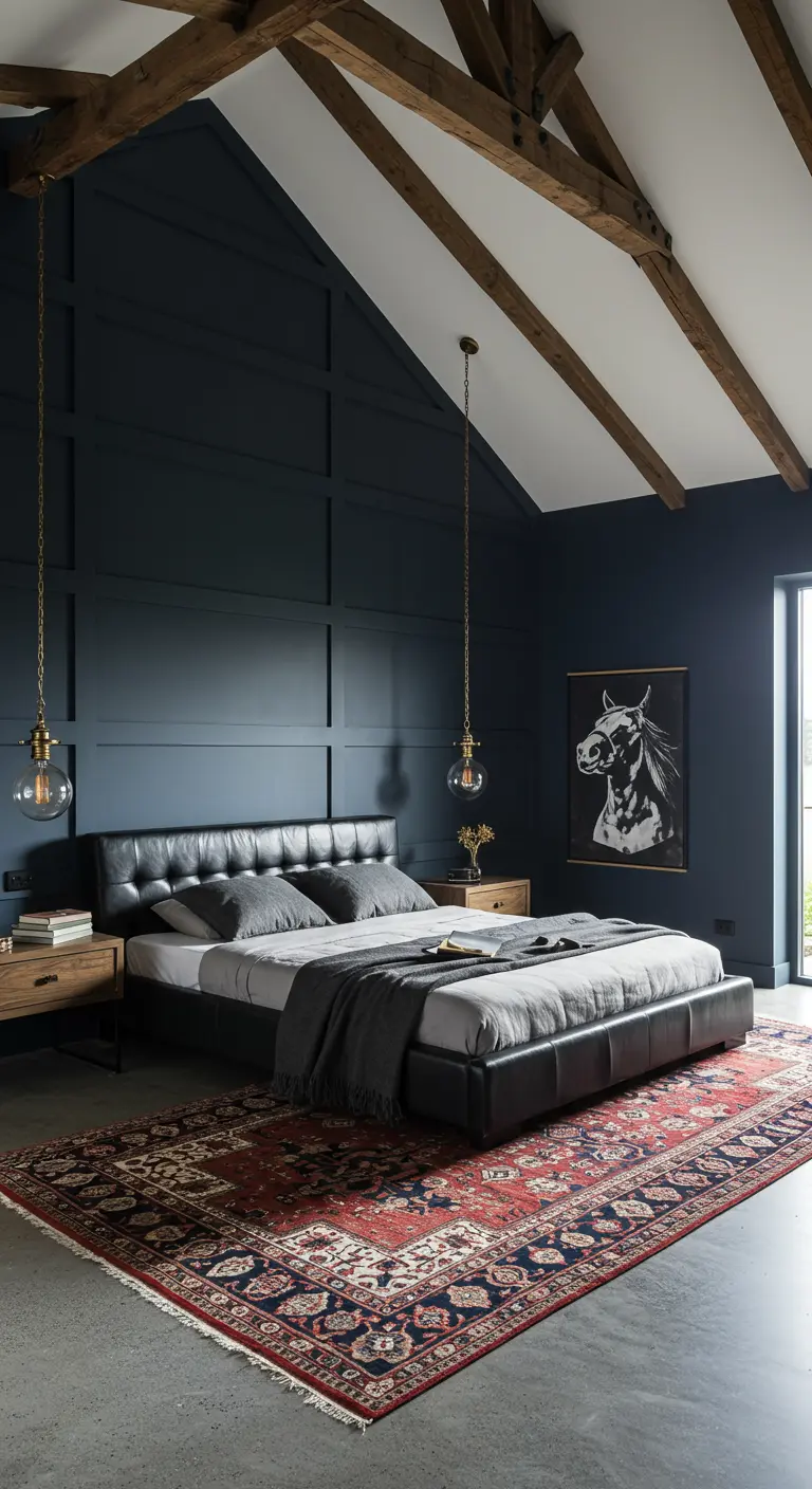 Modern rustic bedroom with dark navy walls, wood beams, a leather bed, and a Persian rug.