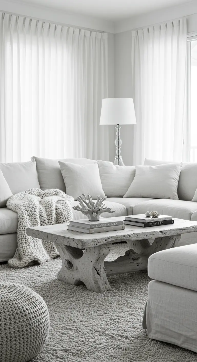 Monochromatic white living room with a chunky knit throw and a thick shag rug.