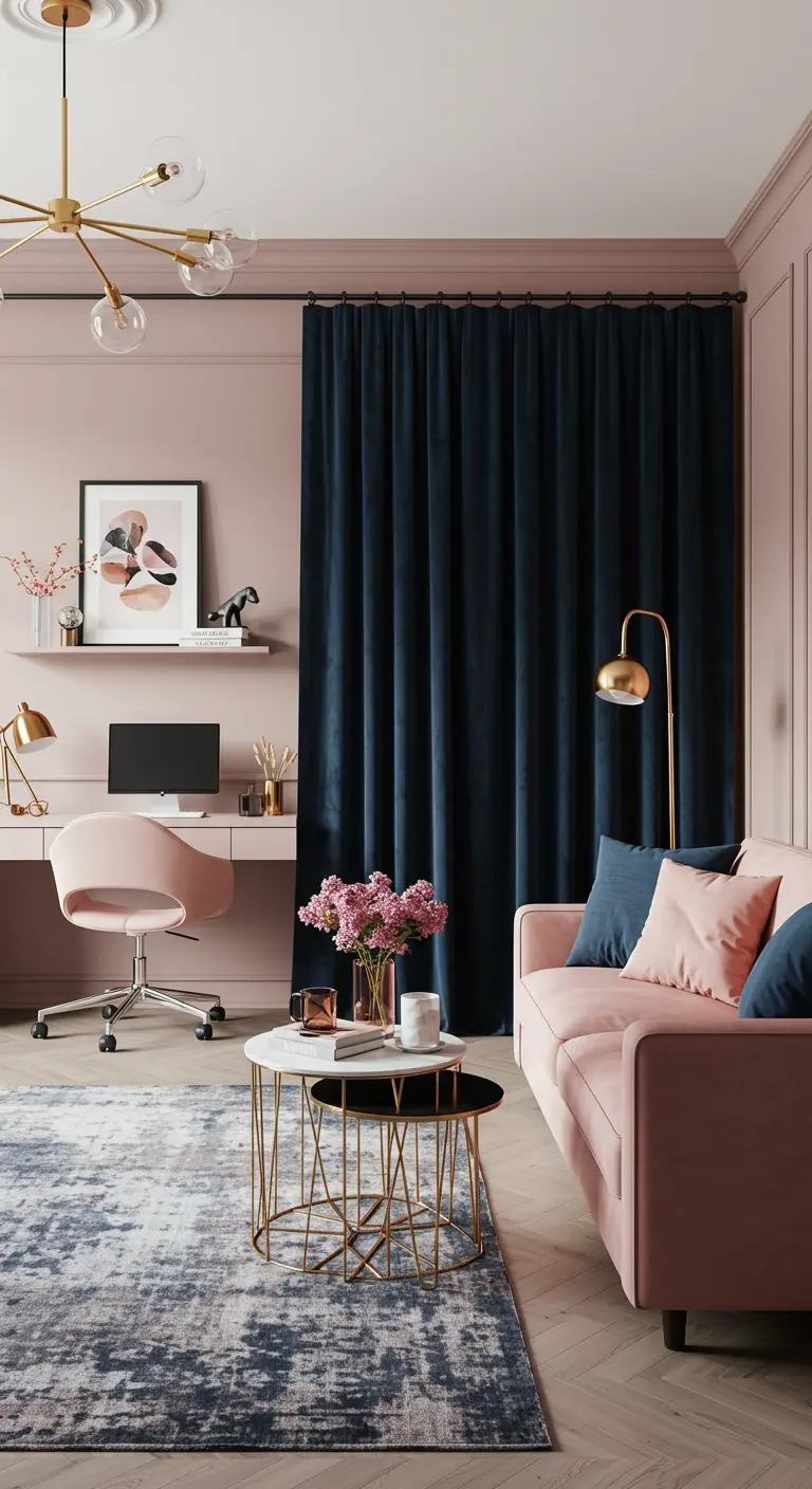 A dusty rose living room with a navy velvet curtain separating the space from a desk area.
