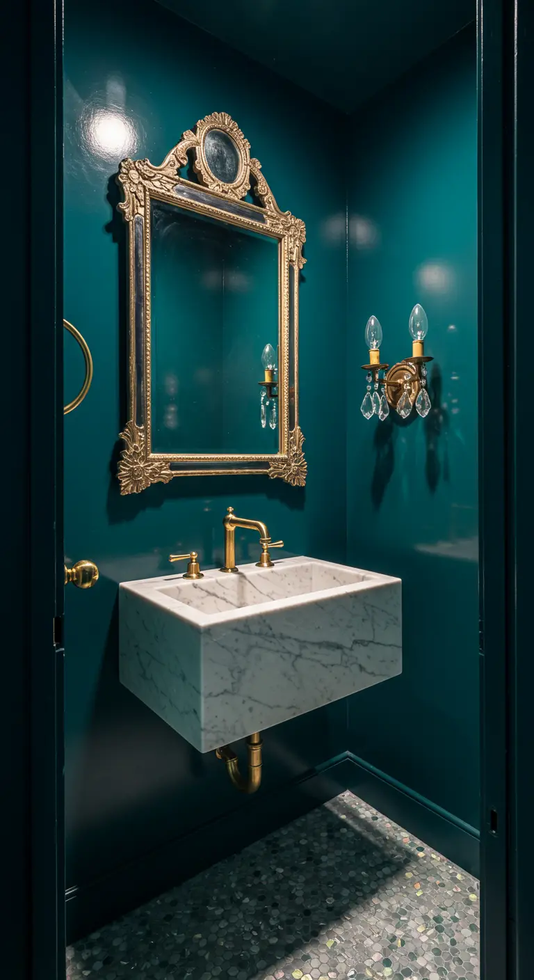 Dramatic powder room with high-gloss teal walls, an ornate gold mirror, and a marble sink.