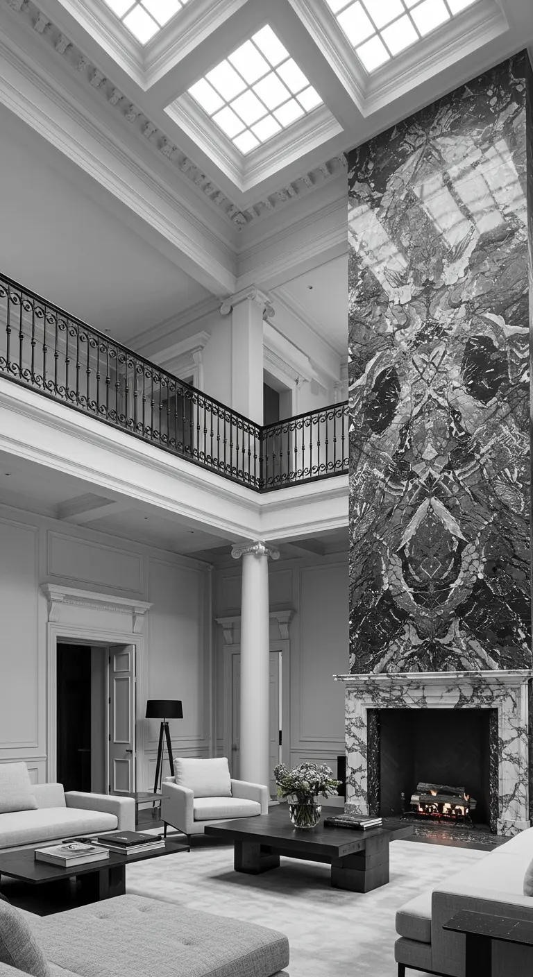 Black and white living room with a towering marble fireplace that reaches the skylit ceiling.