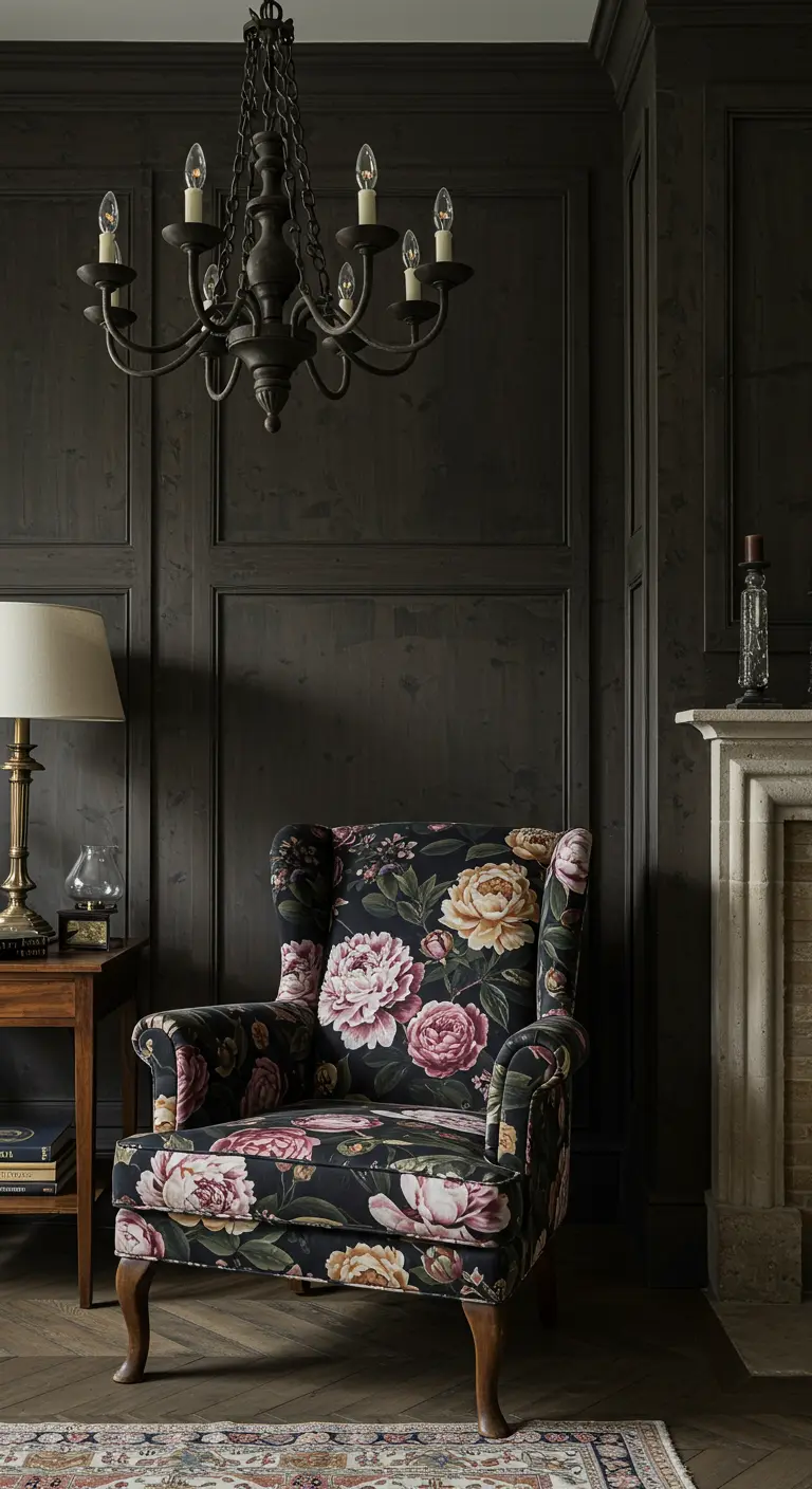 A dark, paneled room with a bold floral wingback chair and a stone fireplace.