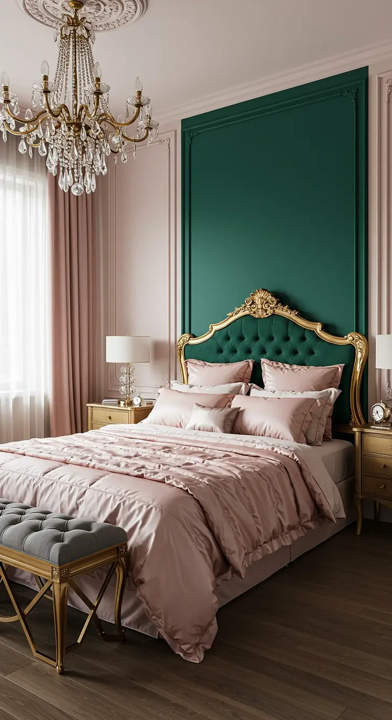 Bedroom with blush walls, an emerald green accent panel, and a gold ornate headboard.