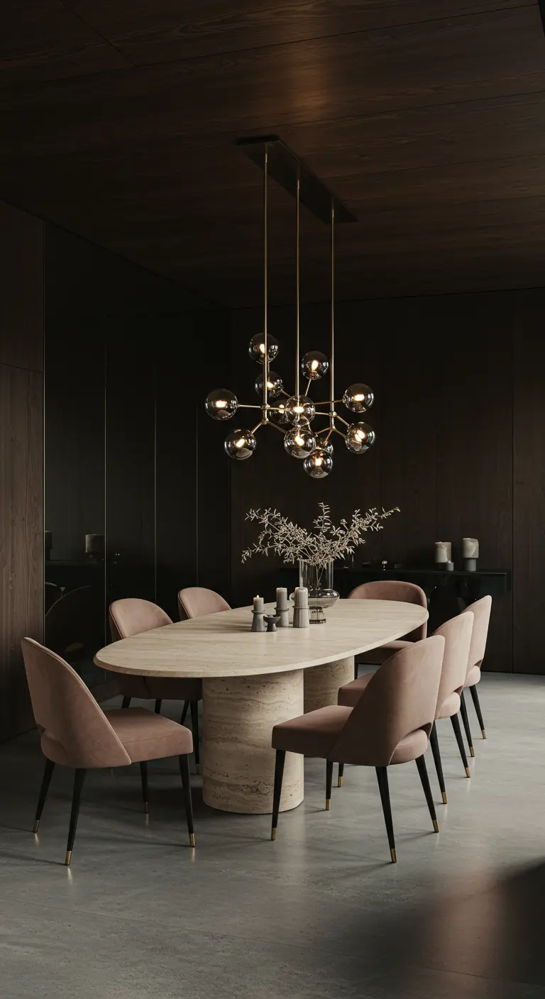 A moody, elegant dining room with dark walls, pink velvet chairs, and a brass chandelier.