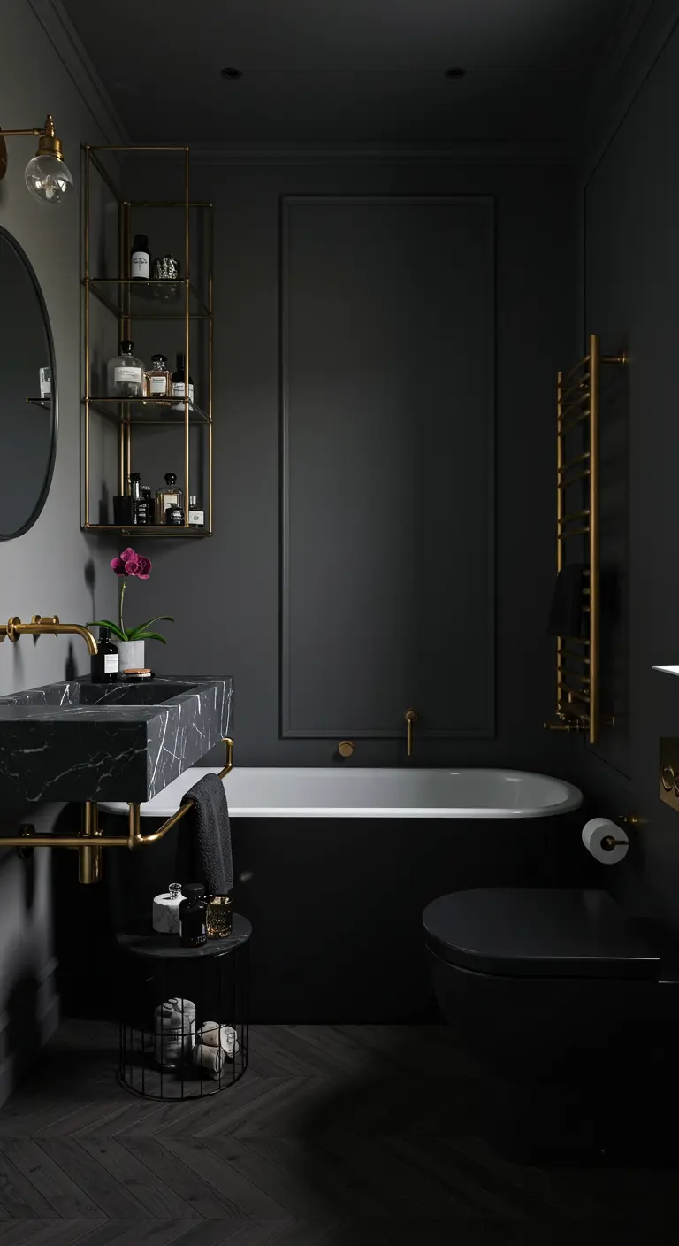 Dramatic all-black bathroom with a freestanding tub and gold fixtures.