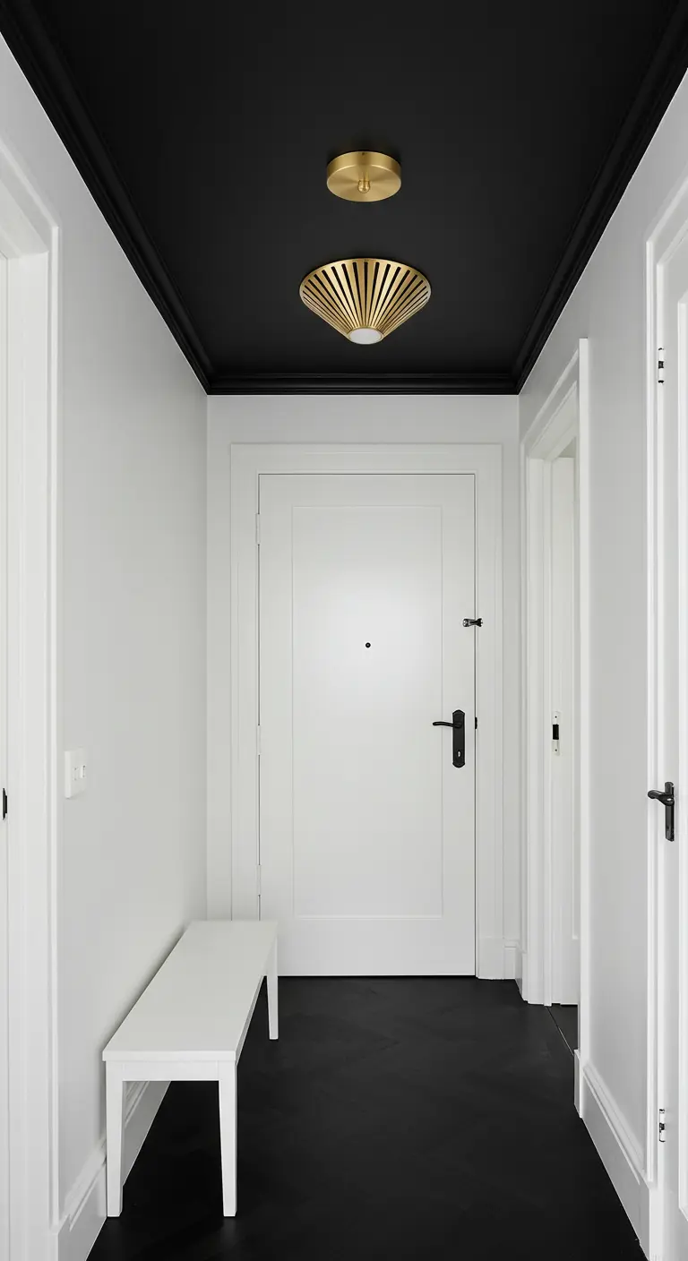 An entryway with white walls, a black floor, and a dramatic black ceiling with gold light fixtures.