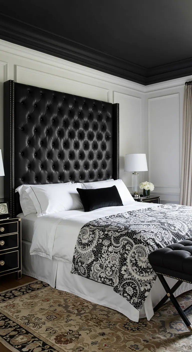 Luxurious bedroom with a black painted ceiling and a tall, black tufted leather headboard.