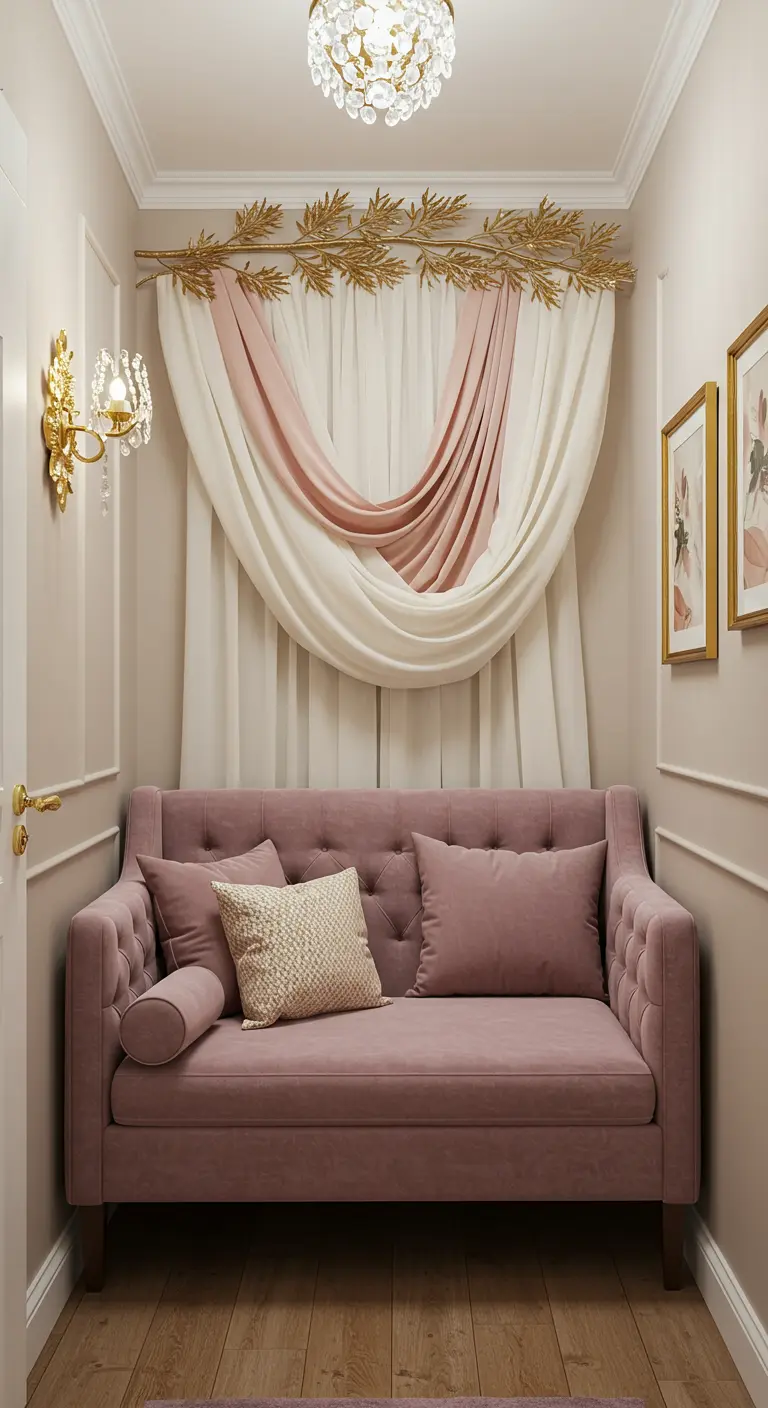 A pink loveseat in a nook with a dramatic draped swag curtain.