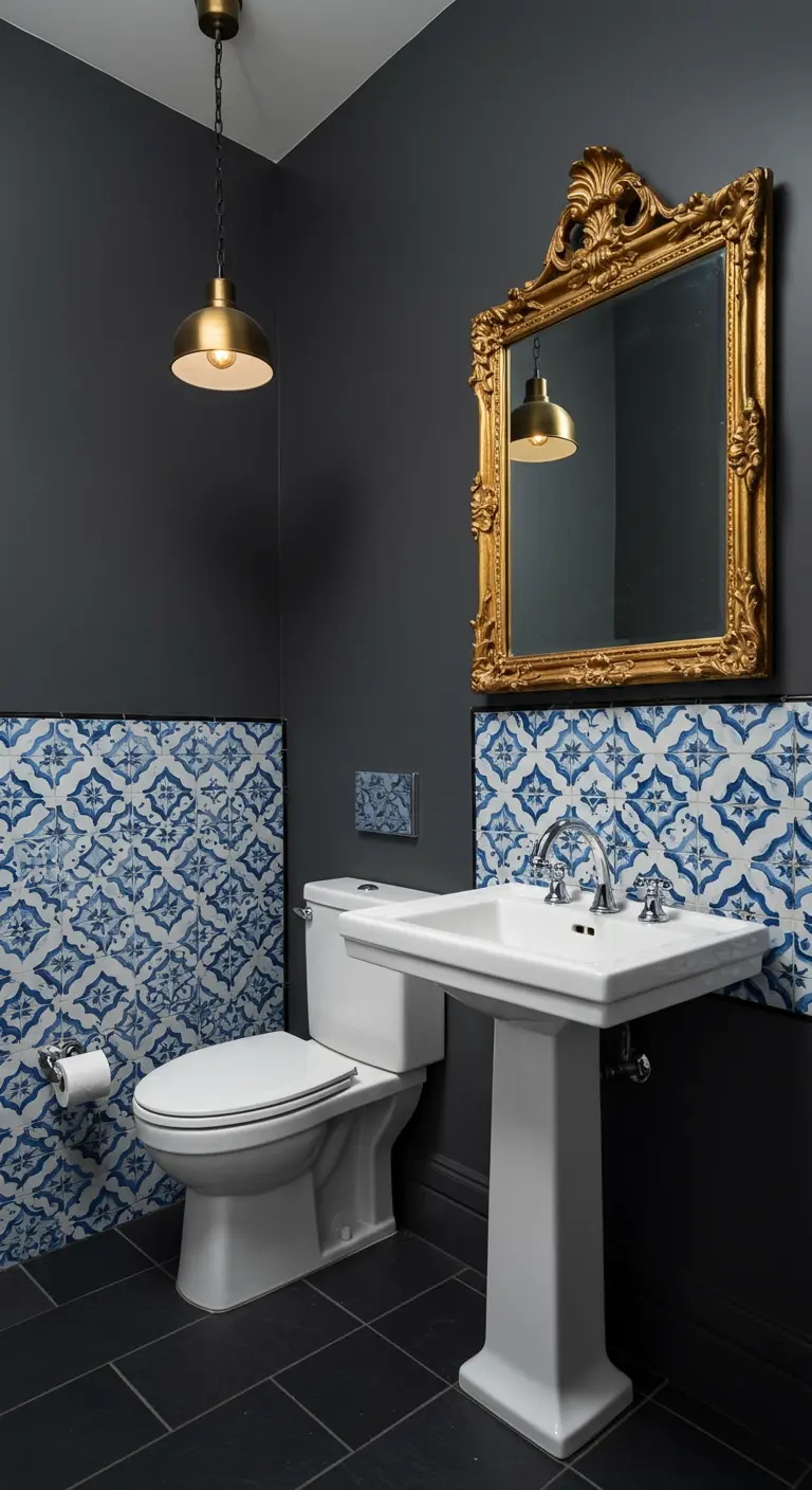 Dark gray bathroom with blue patterned tile wainscoting and a gold baroque mirror.