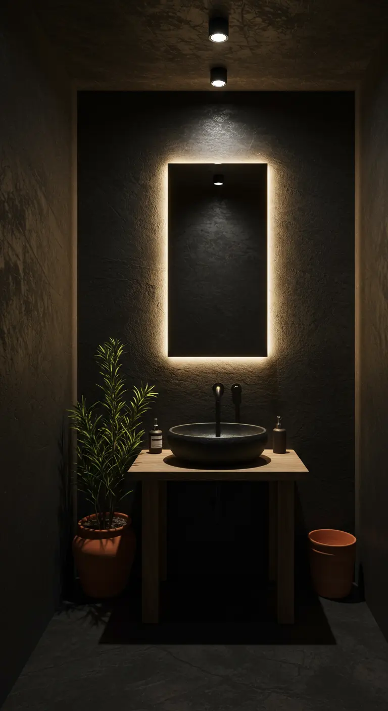 A dark powder room with a backlit mirror over a vessel sink on a wood table.
