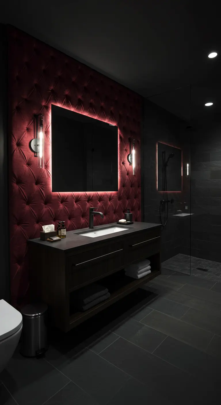 Moody bathroom with a deep red tufted velvet wall illuminated by a backlit mirror.