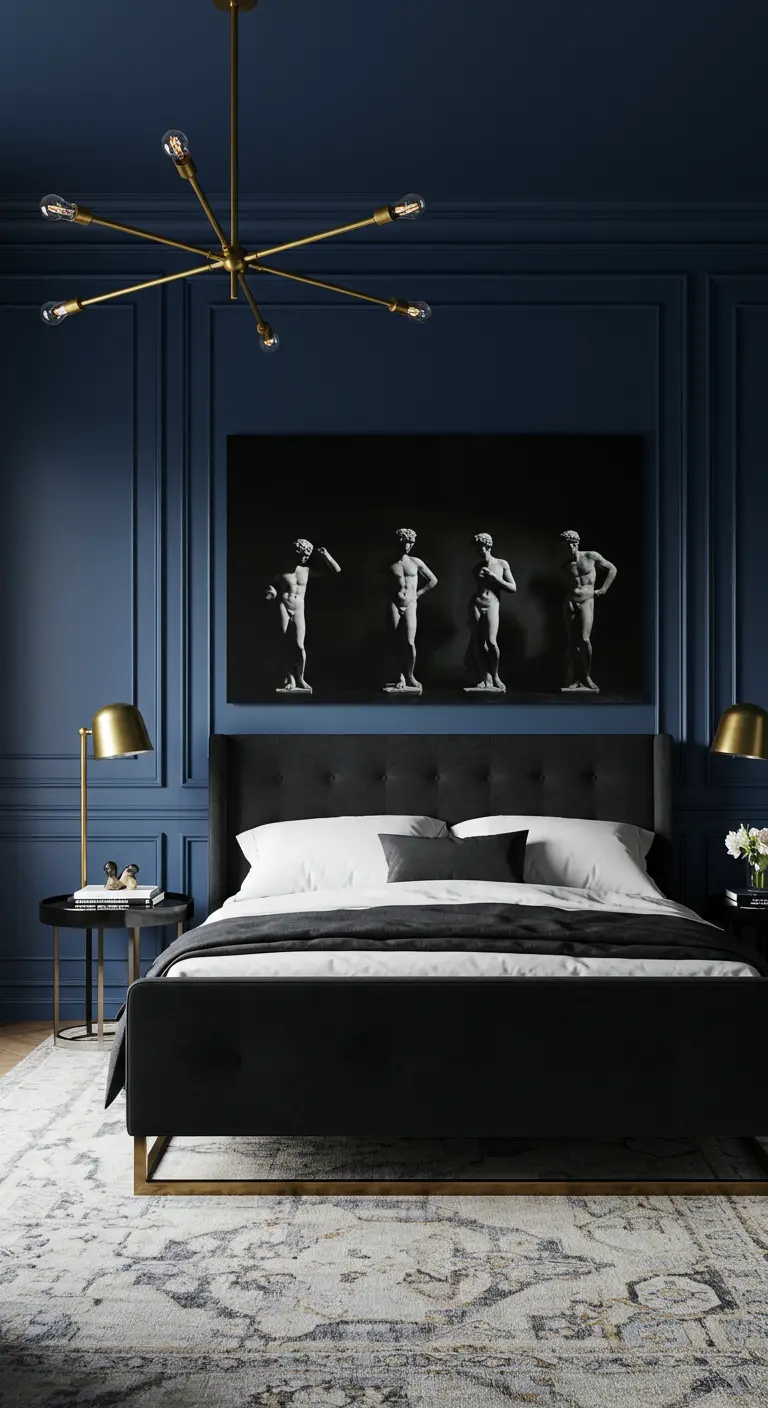 Deep blue bedroom with a large black and white art piece of classical statues.