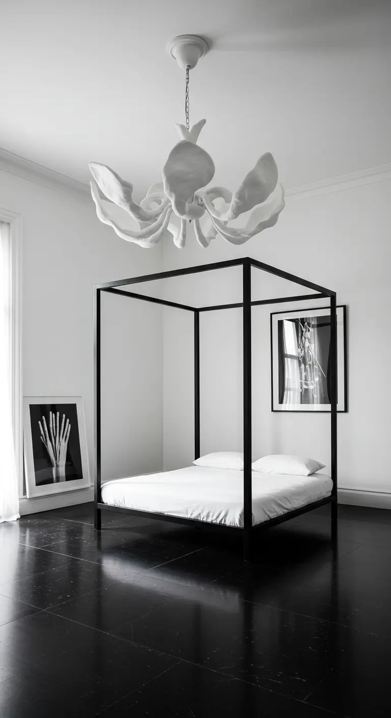 High-contrast bedroom with a black canopy bed and a large white sculptural chandelier.