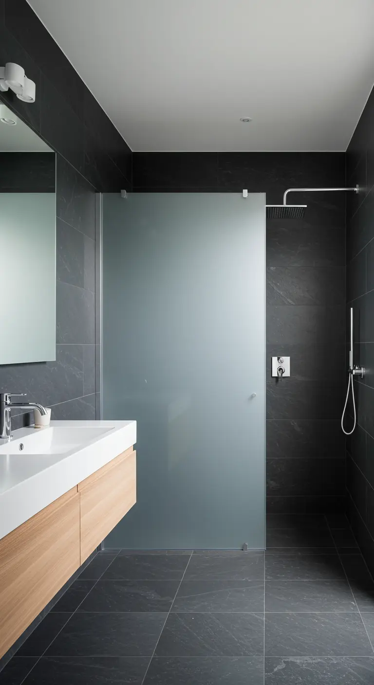 Dark slate tile bathroom with a light oak vanity and frosted glass.