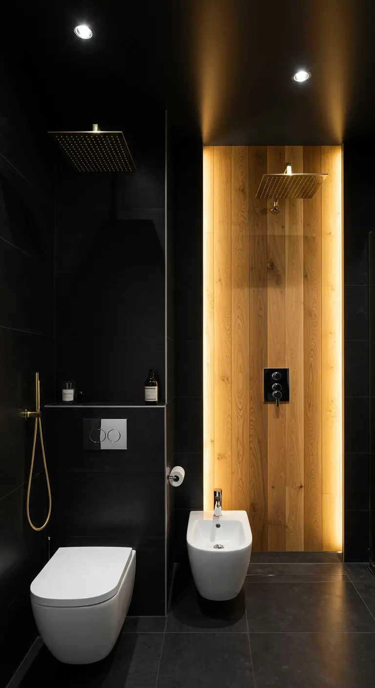 Black bathroom where a wood panel behind the bidet is illuminated with strip lighting.