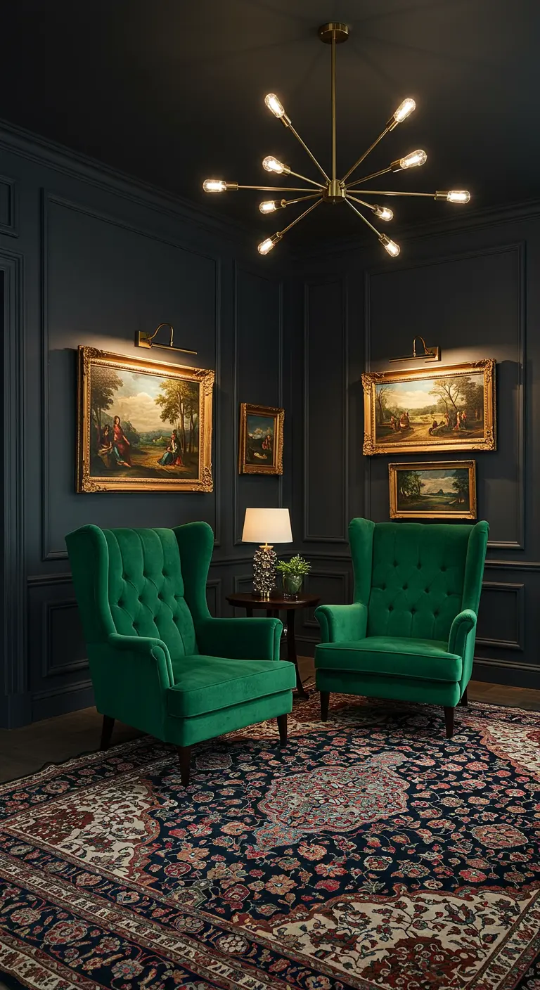 Two emerald green velvet wingback chairs in a dark gray room with a modern brass chandelier.