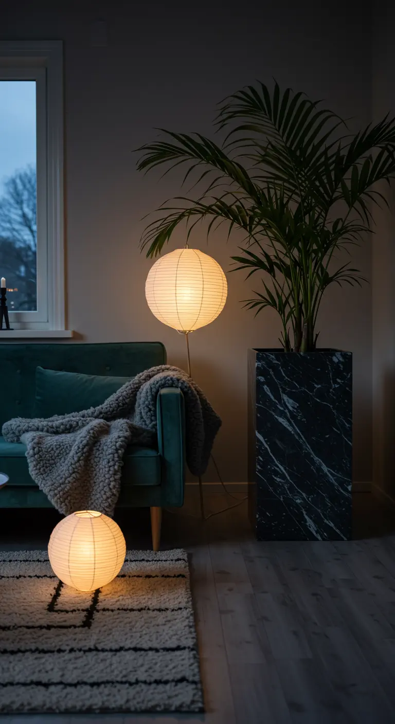 Dark living room with a teal sofa, paper lanterns, and a tall black marble planter.