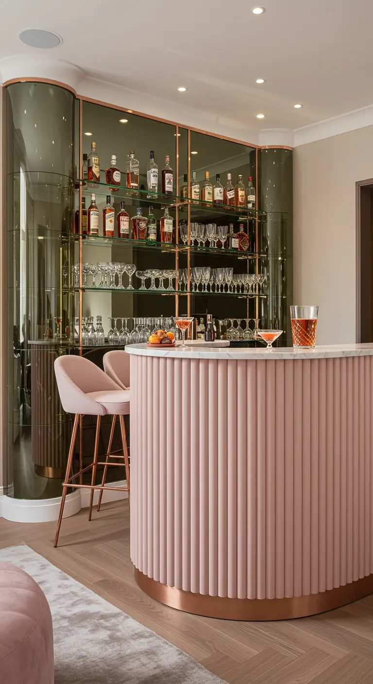 Home bar with a curved, fluted pink counter and an olive green mirrored back wall.