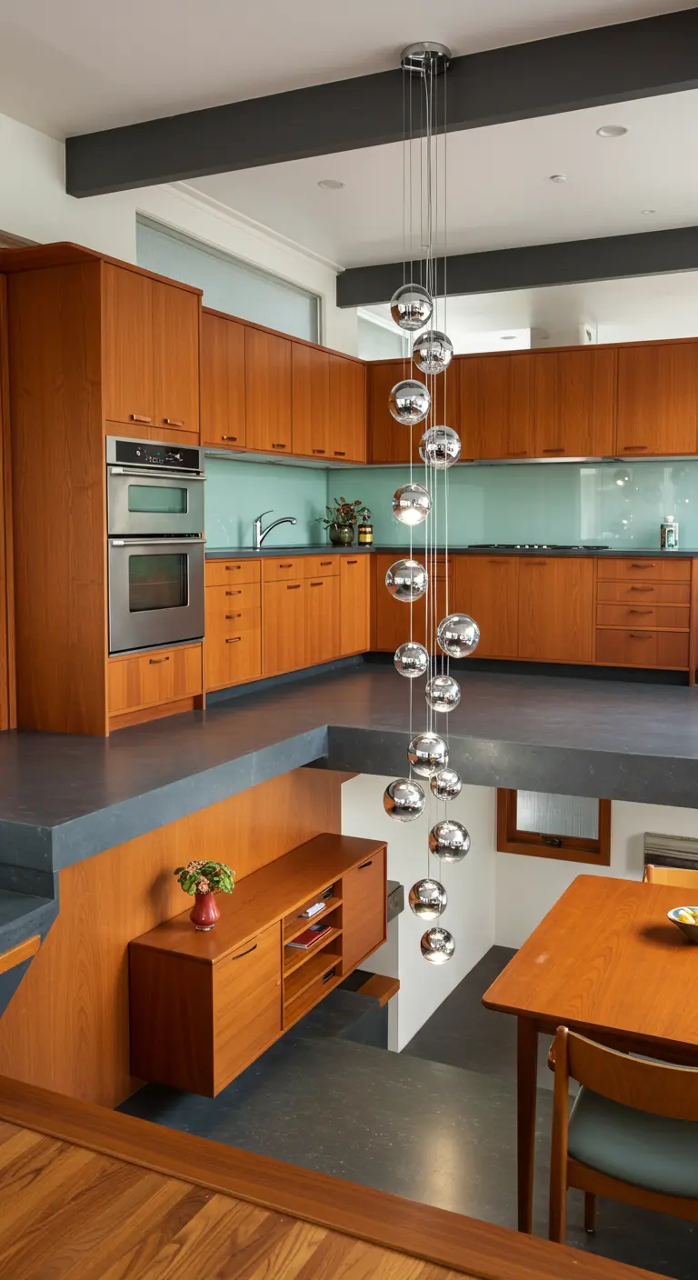 Multi-level kitchen with teak cabinets and a cascading chrome orb chandelier.